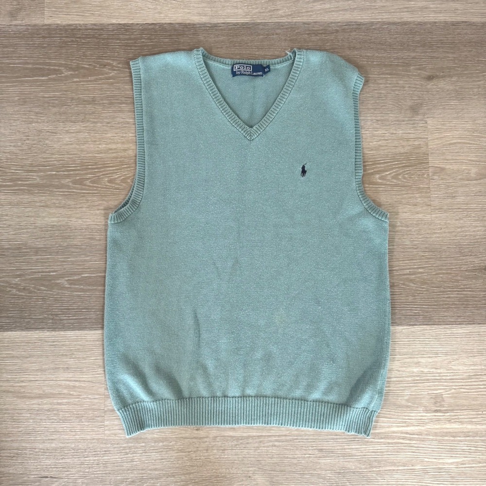 Polo Ralph Lauren Sweater Vest Mens XL Green V-Neck Cotton Knit Pony Logo